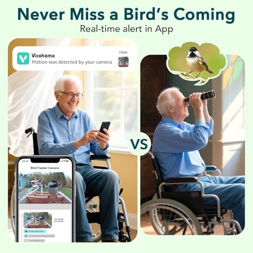 PeckCam bird feeder - Elderly man in wheelchair using smartphone app versus traditional birdwatching with binoculars comparis